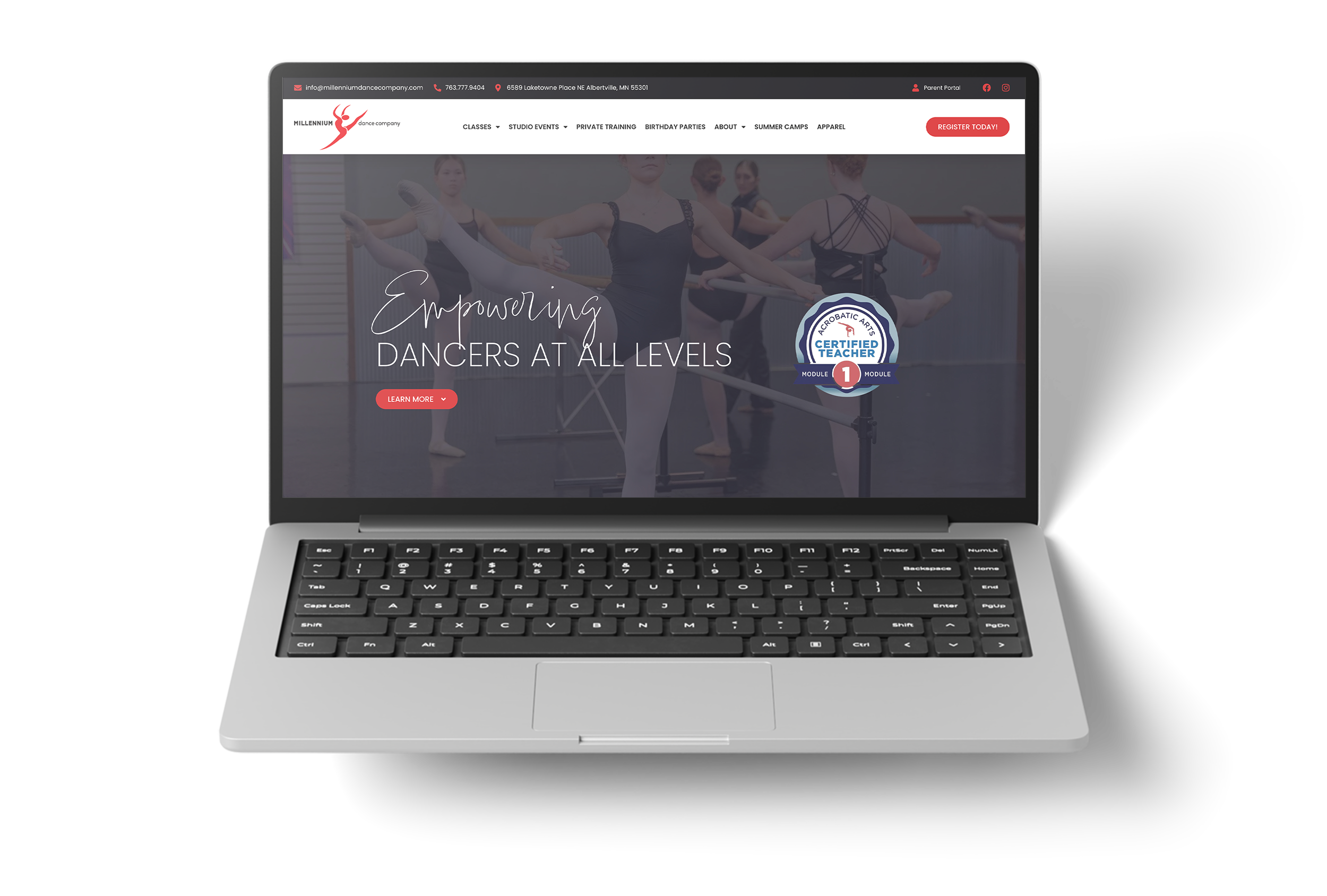 FIG. 01: Millennium Dance Company homepage, desktop viewport, post-launch.
