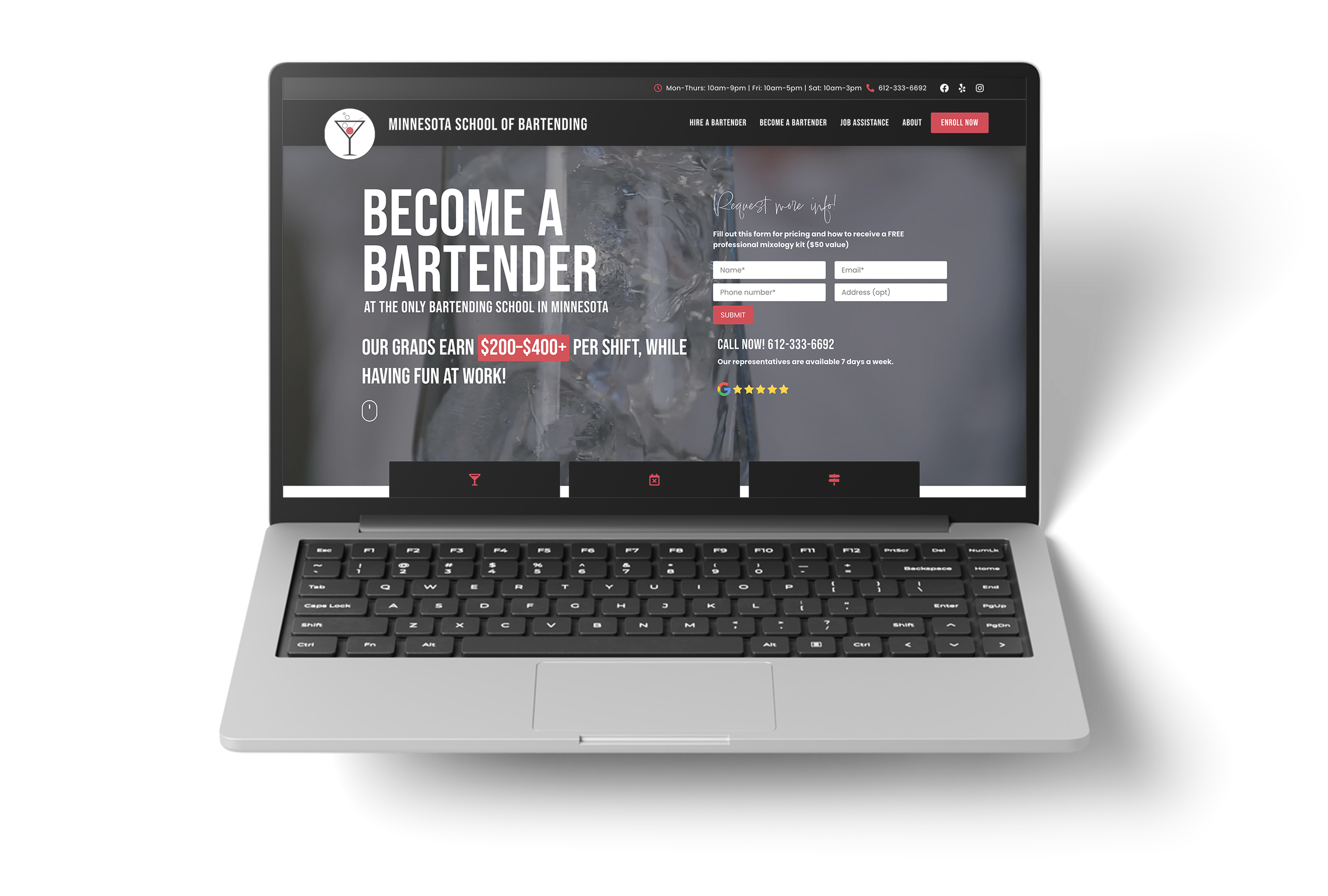 FIG. 01: Minnesota School of Bartending homepage, desktop viewport, post-launch.